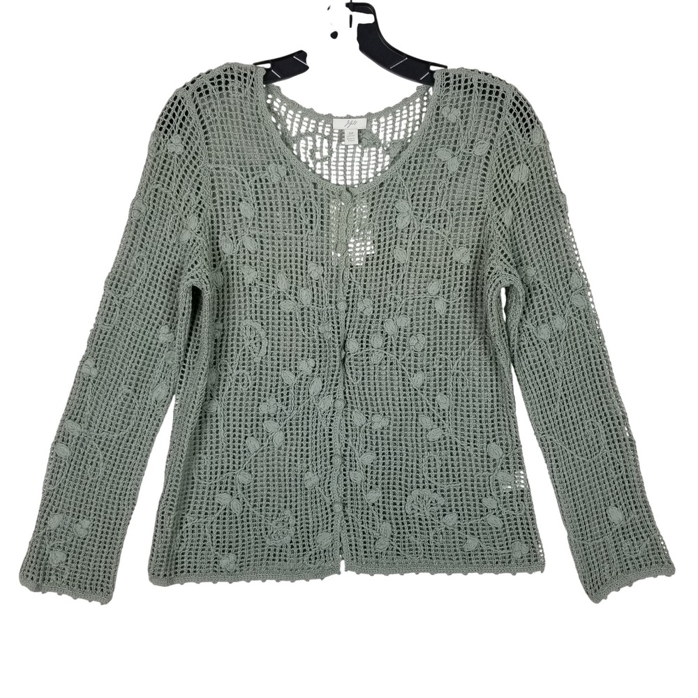 J. Jill Cardigan Women SP Green Linen Cotton Floral Open Knit Crochet Sweater